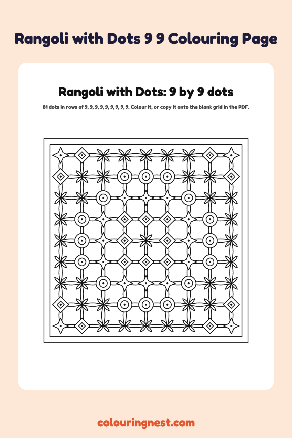 Rangoli with Dots 9×9 Colouring Page coloring page: free printable black-and-white line art