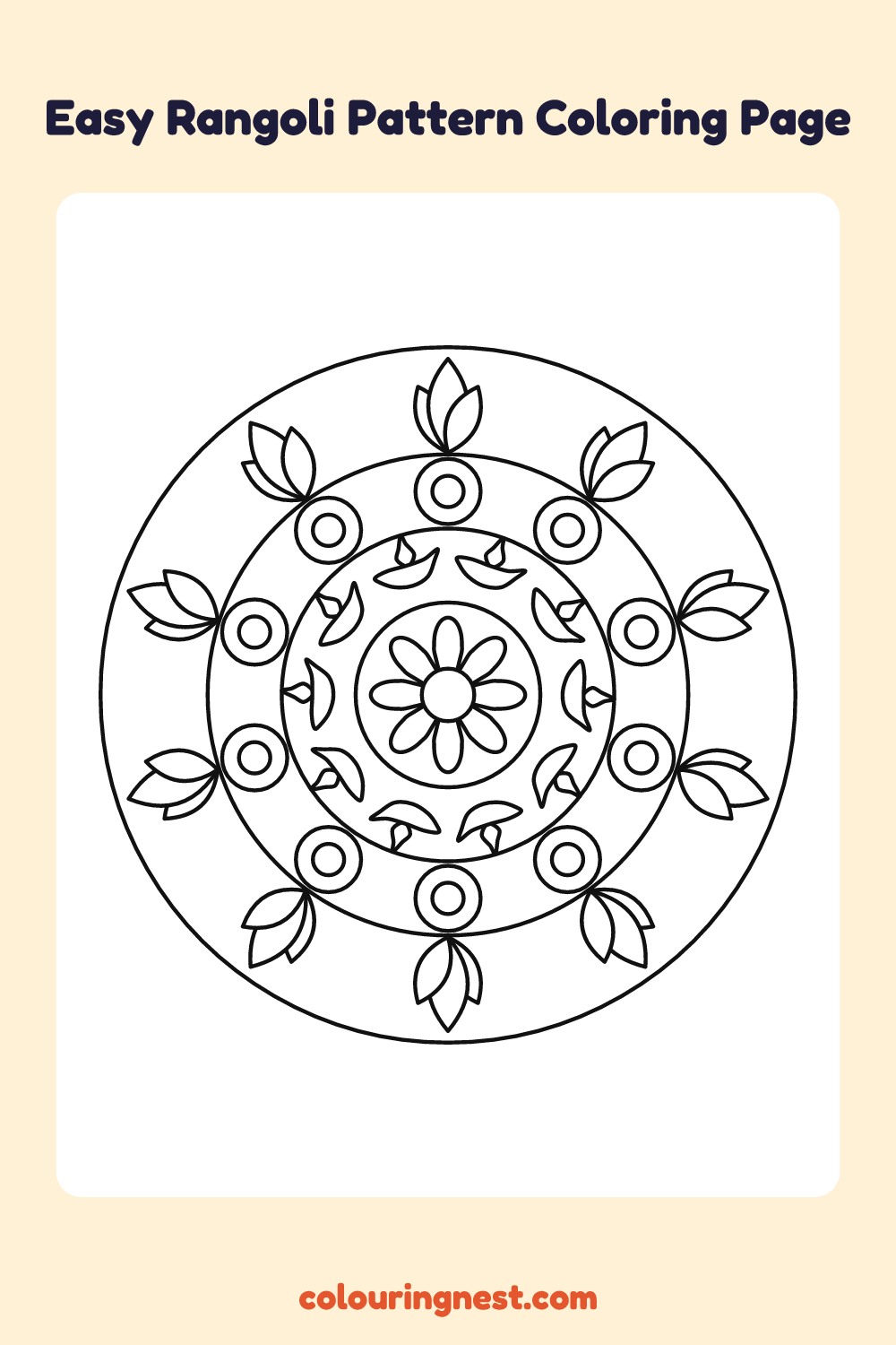 Easy Rangoli Pattern Coloring Page: free printable black-and-white line art