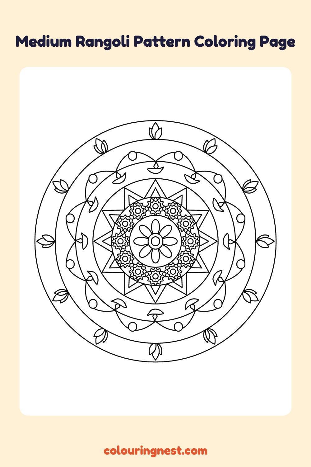 Medium Rangoli Pattern Coloring Page: free printable black-and-white line art