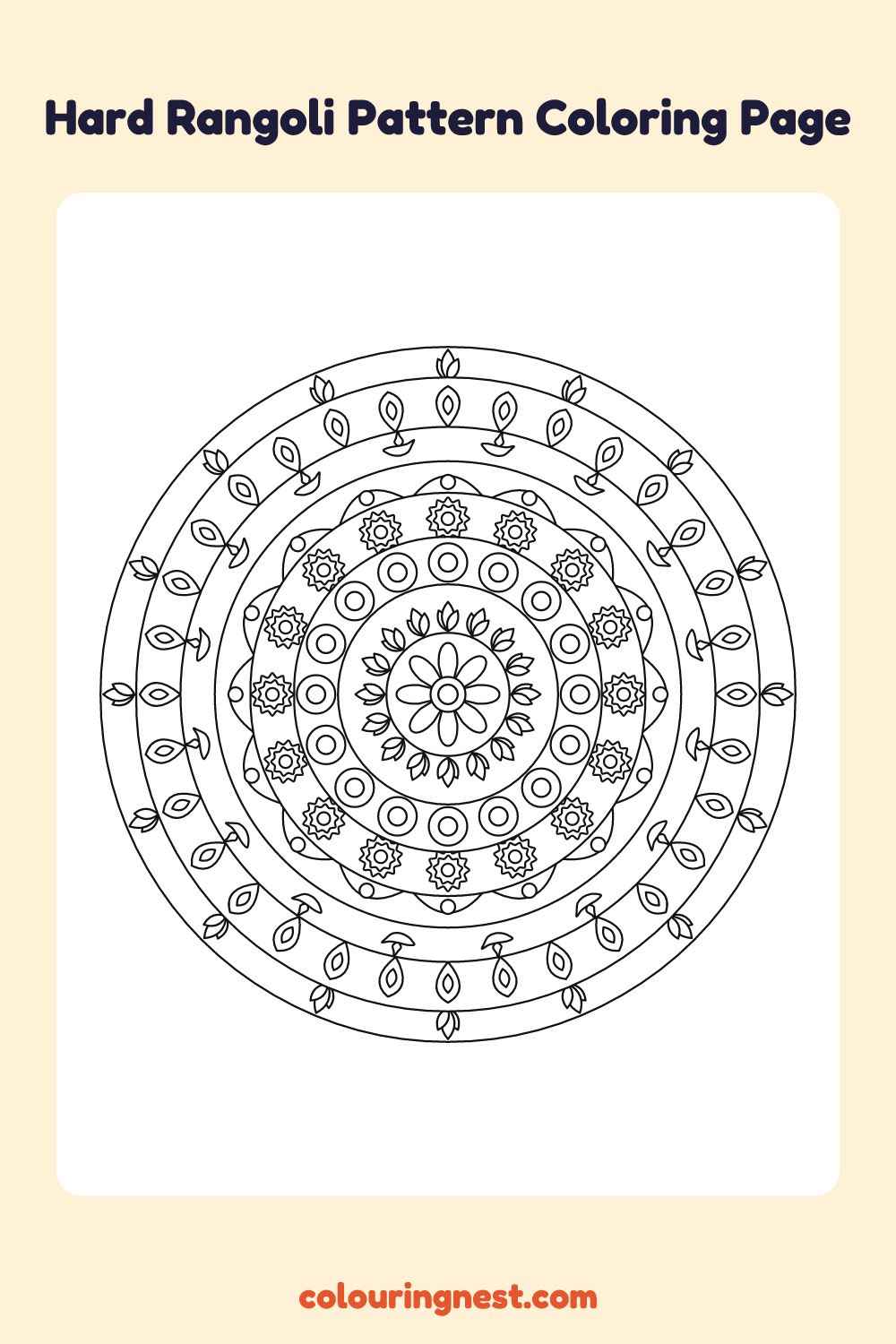 Hard Rangoli Pattern Coloring Page: free printable black-and-white line art
