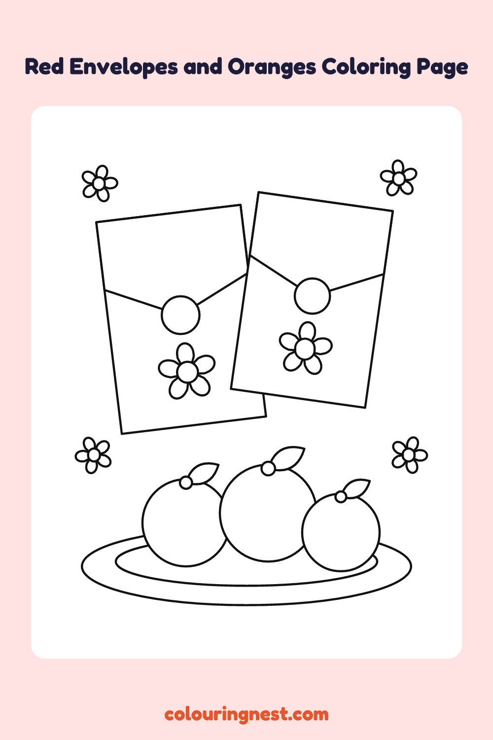 Red Envelopes and Oranges Coloring Page: free printable black-and-white line art