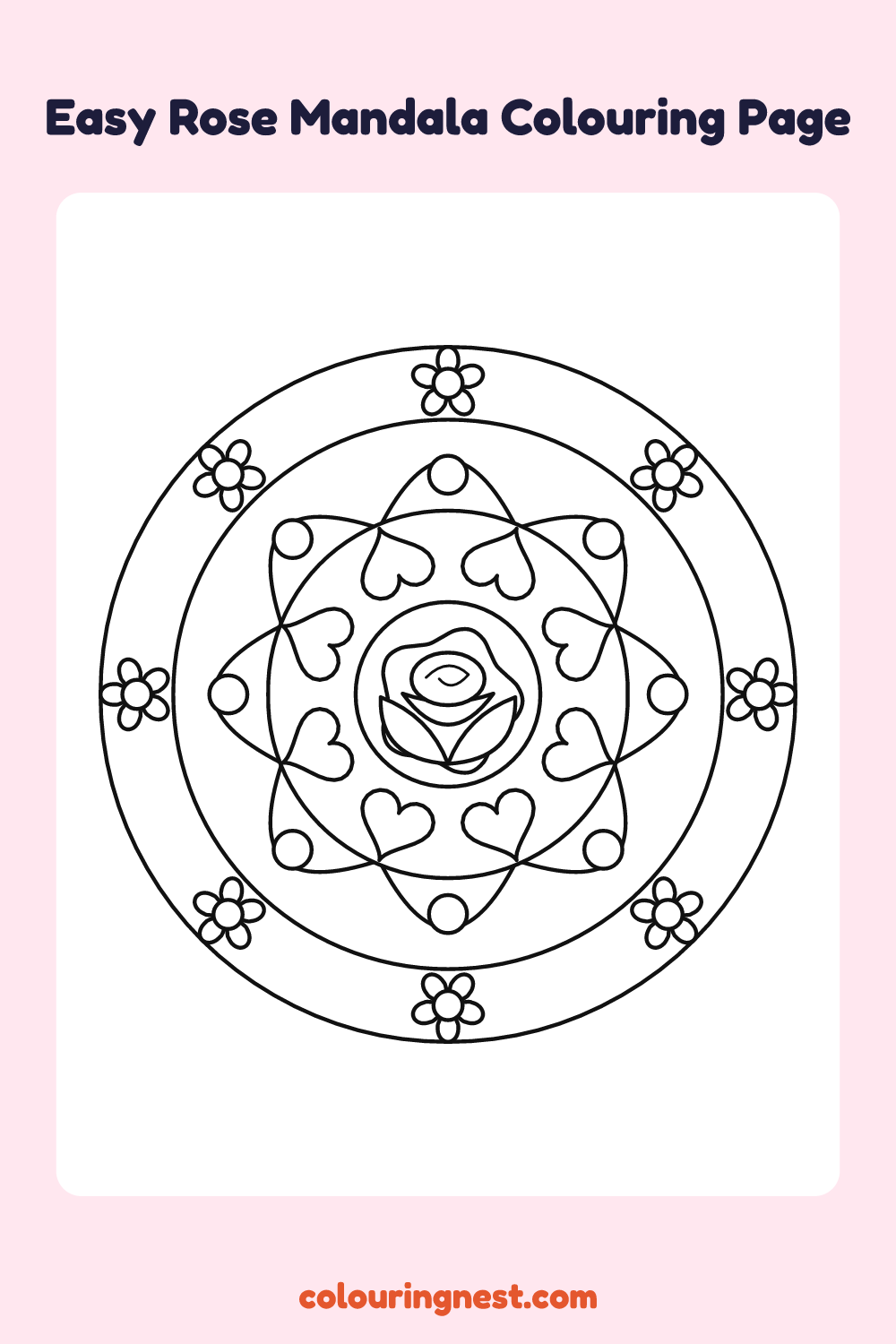 Easy Rose Mandala Colouring Page coloring page: free printable black-and-white line art