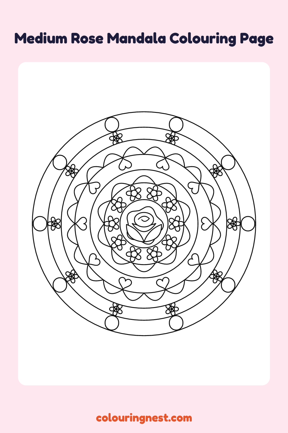 Medium Rose Mandala Colouring Page coloring page: free printable black-and-white line art