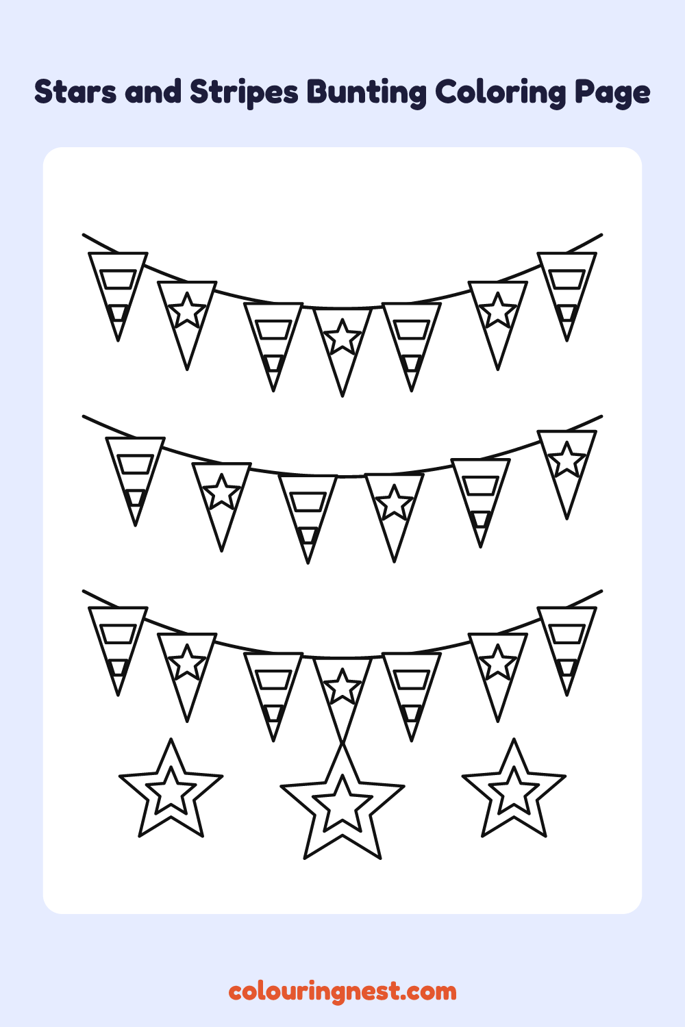 Stars and Stripes Bunting Coloring Page: free printable black-and-white line art