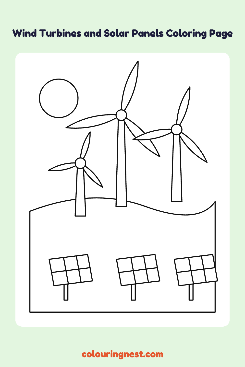Wind Turbines and Solar Panels Coloring Page: free printable black-and-white line art