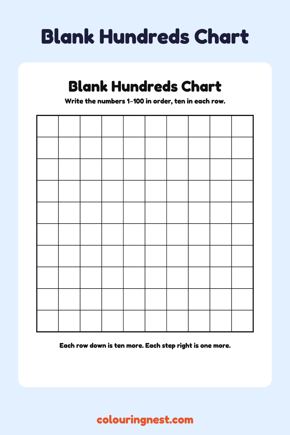 Blank Hundreds Chart: free printable maths worksheet from Colouring Nest
