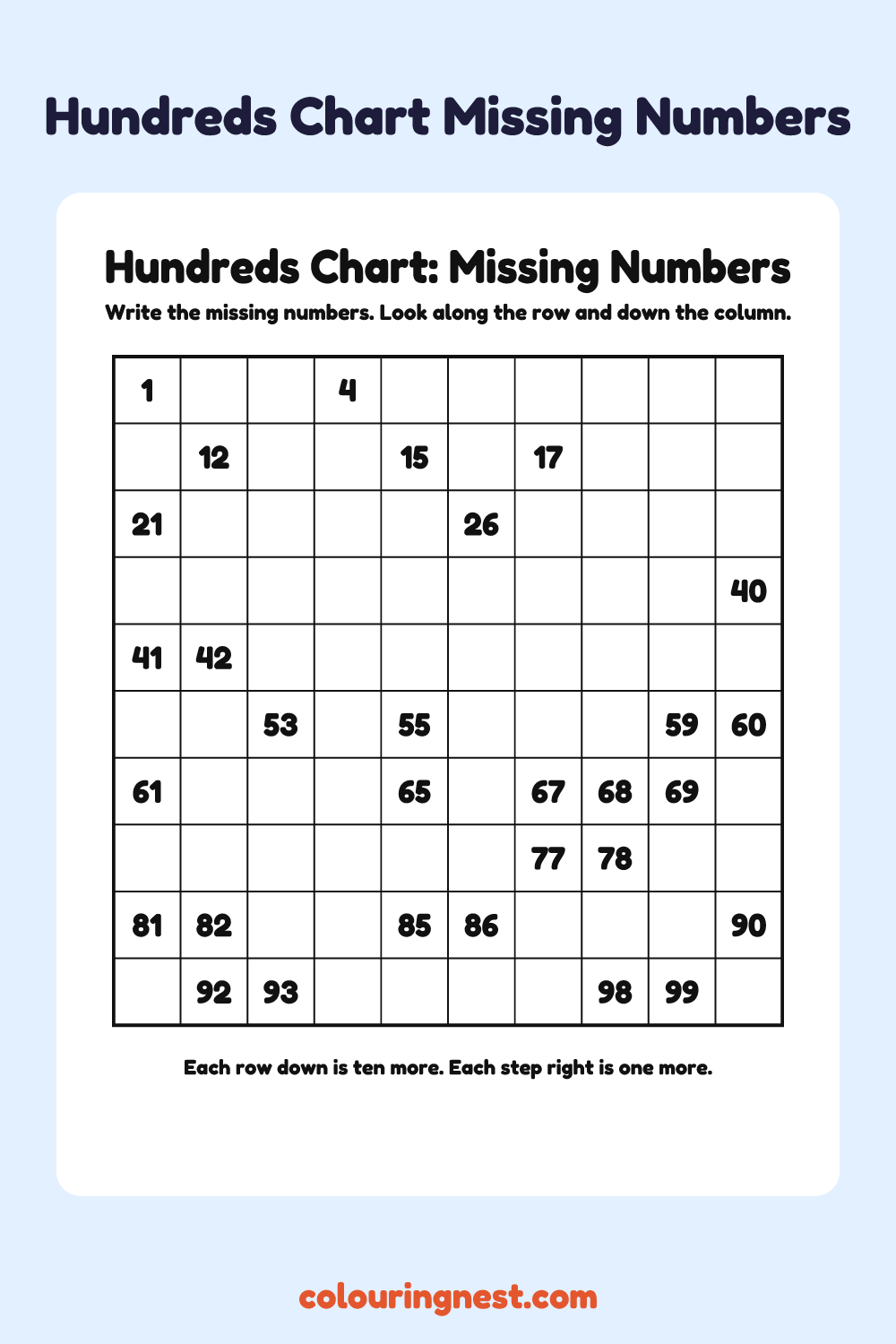 Hundreds Chart: Missing Numbers (Hard): free printable maths worksheet from Colouring Nest