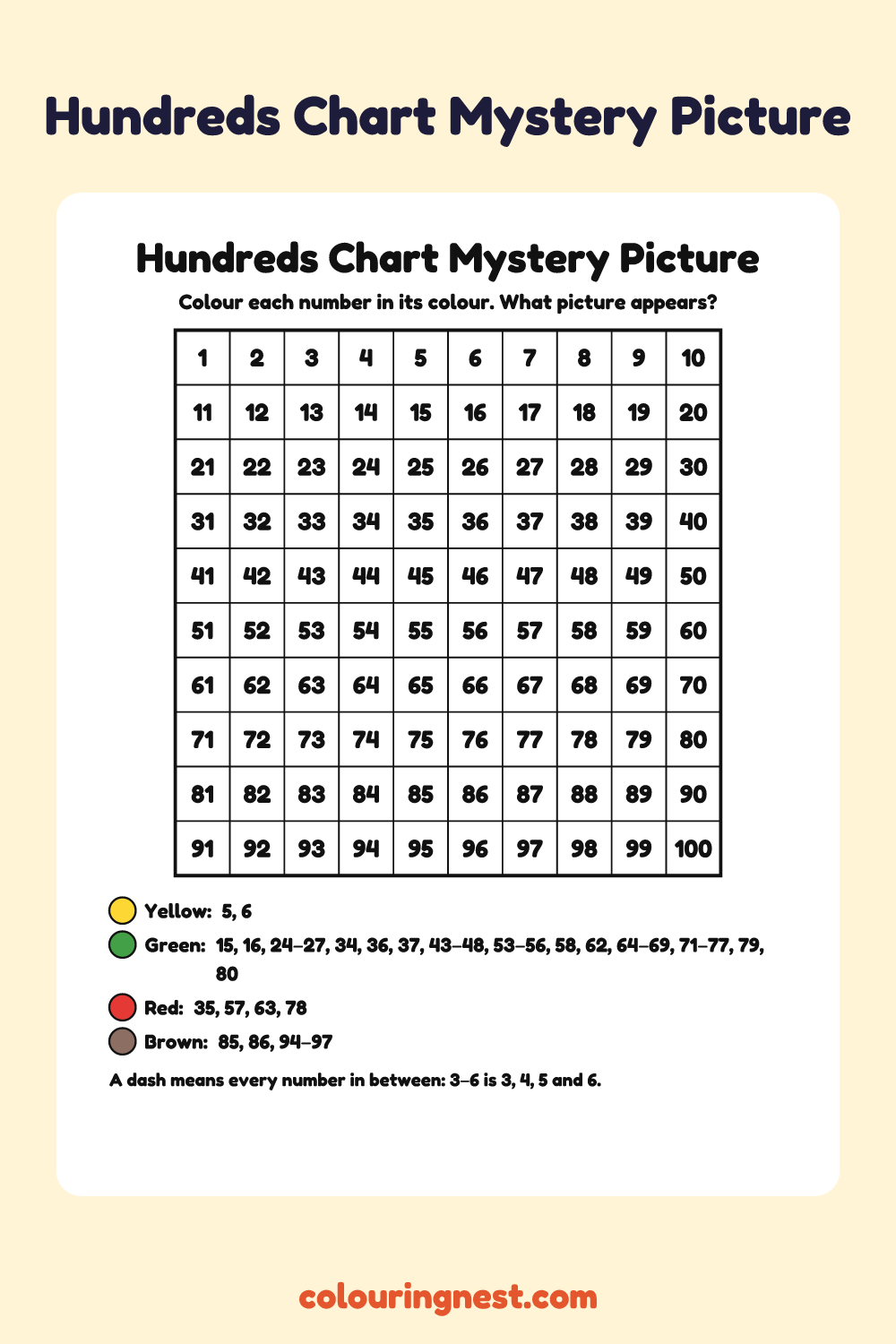 Christmas Tree Hundreds Chart Mystery Picture: free printable hundreds chart colour-by-number puzzle from Colouring Nest