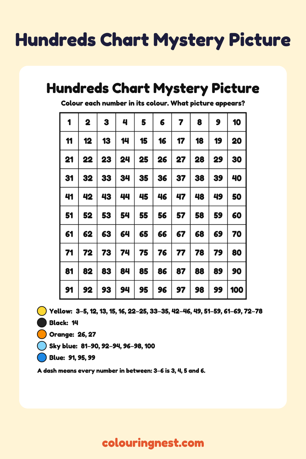 Duck Hundreds Chart Mystery Picture: free printable hundreds chart colour-by-number puzzle from Colouring Nest