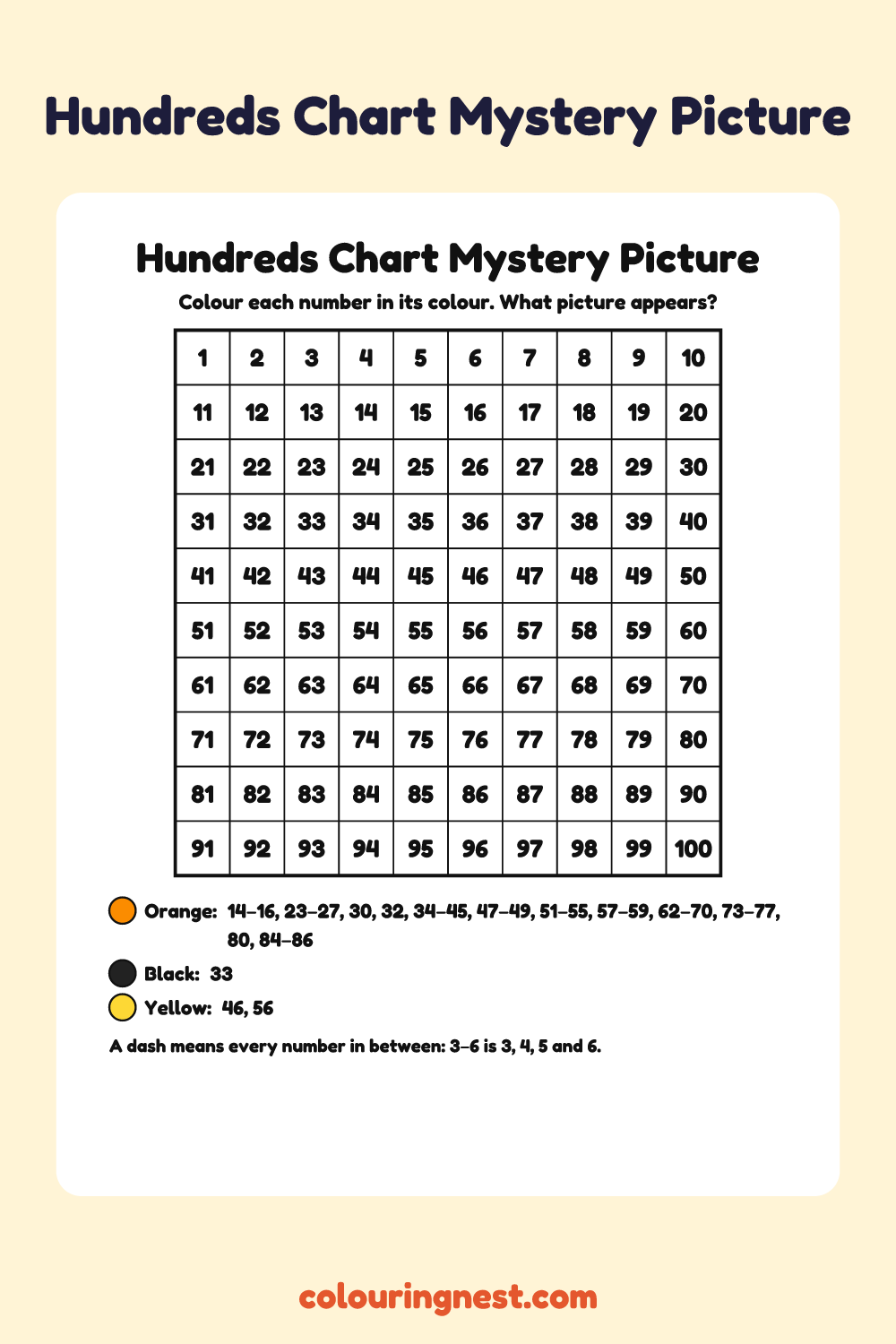 Fish Hundreds Chart Mystery Picture: free printable hundreds chart colour-by-number puzzle from Colouring Nest