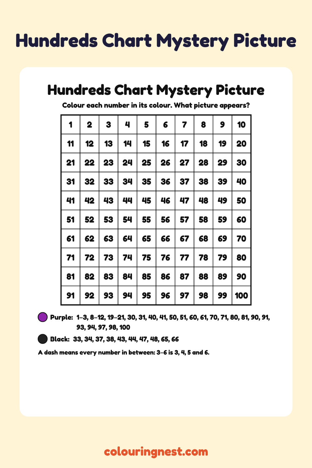 Ghost Hundreds Chart Mystery Picture: free printable hundreds chart colour-by-number puzzle from Colouring Nest