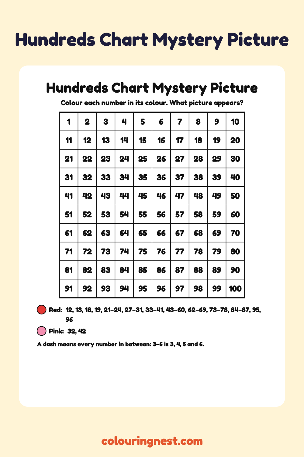 Heart Hundreds Chart Mystery Picture: free printable hundreds chart colour-by-number puzzle from Colouring Nest
