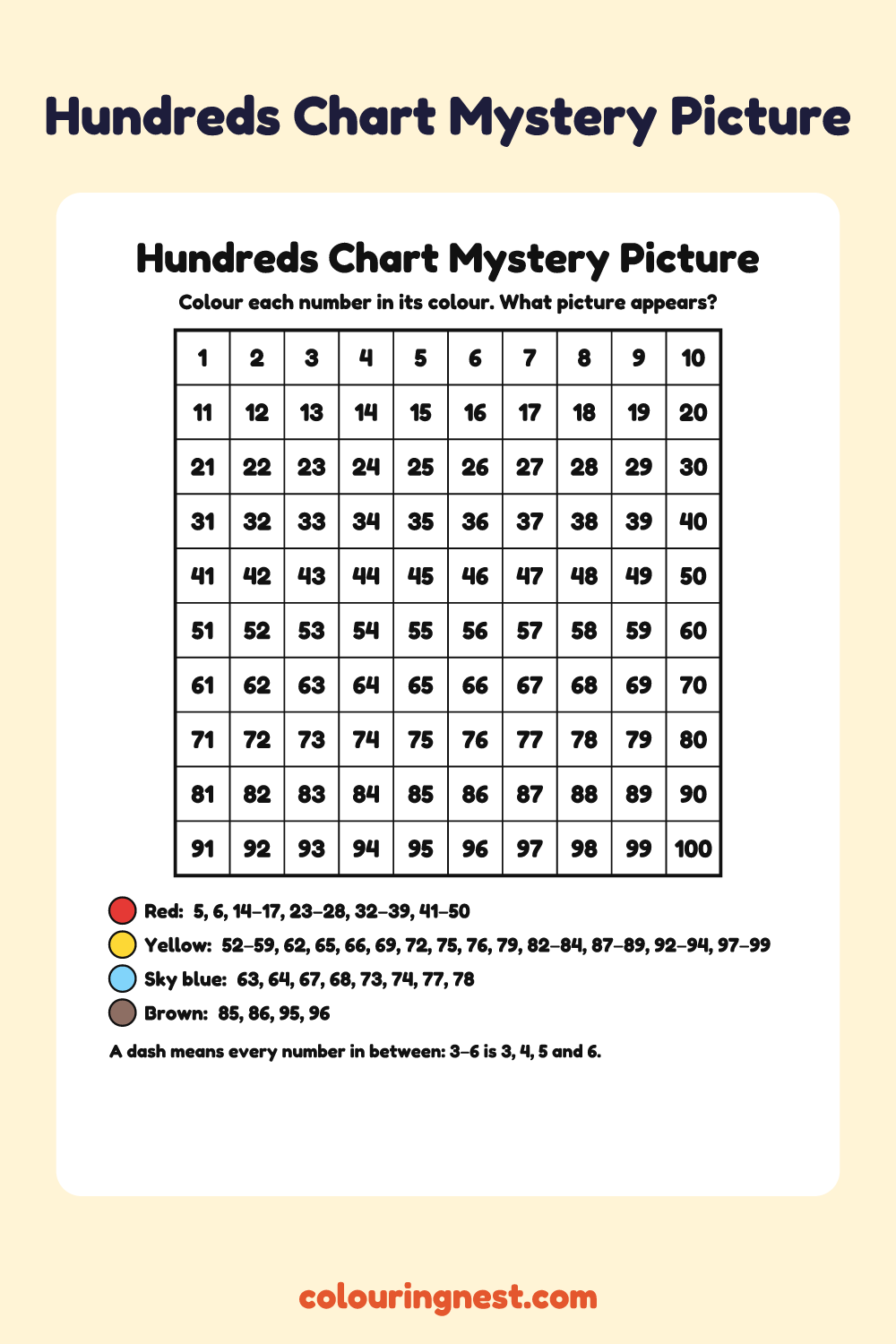 House Hundreds Chart Mystery Picture: free printable hundreds chart colour-by-number puzzle from Colouring Nest