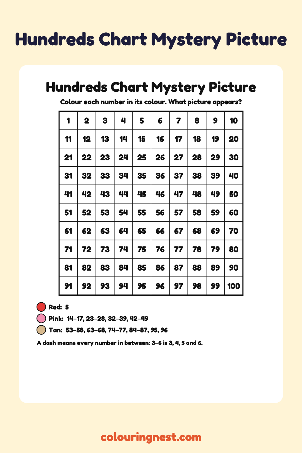 Ice Cream Hundreds Chart Mystery Picture: free printable hundreds chart colour-by-number puzzle from Colouring Nest