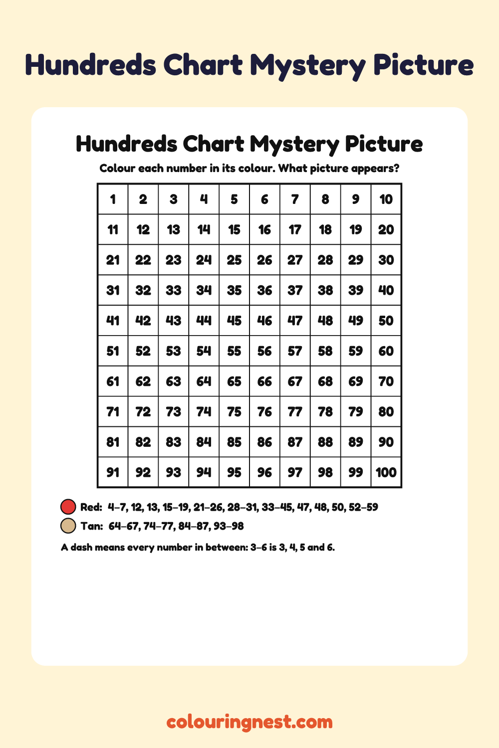 Mushroom Hundreds Chart Mystery Picture: free printable hundreds chart colour-by-number puzzle from Colouring Nest