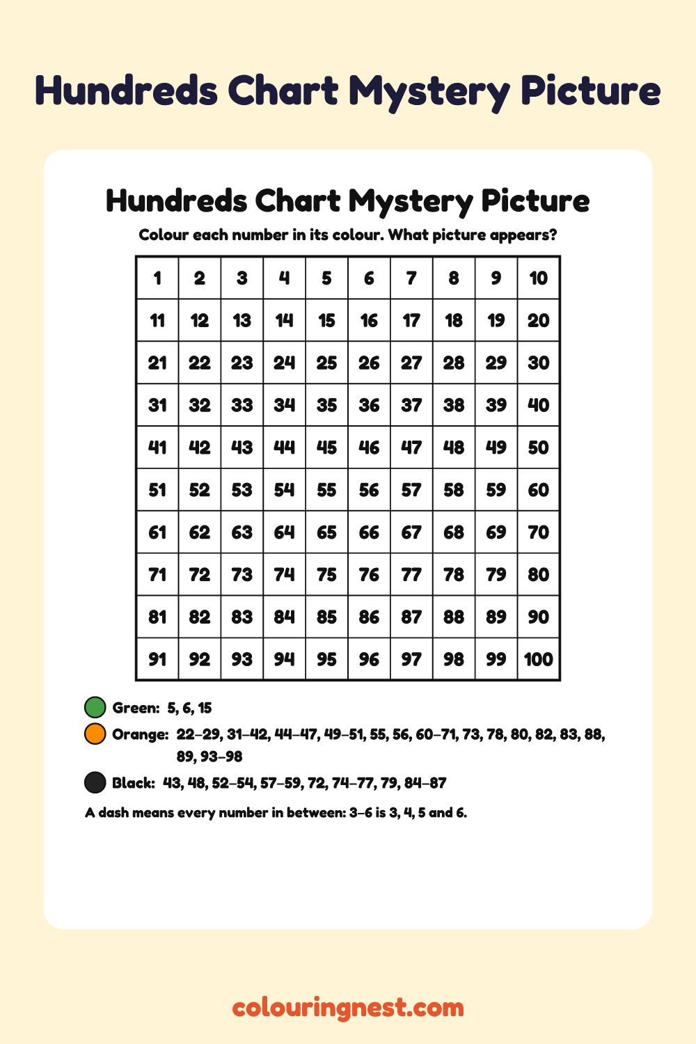 Pumpkin Hundreds Chart Mystery Picture: free printable hundreds chart colour-by-number puzzle from Colouring Nest