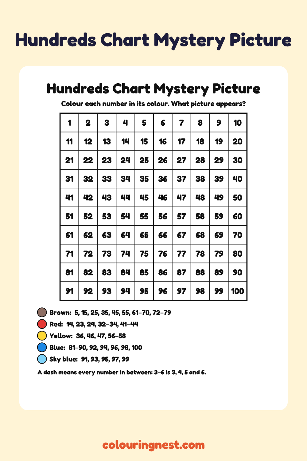 Sailboat Hundreds Chart Mystery Picture: free printable hundreds chart colour-by-number puzzle from Colouring Nest