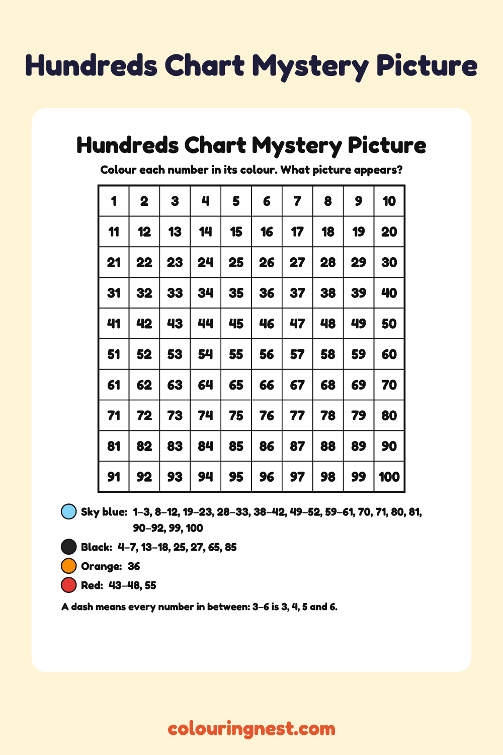 Snowman Hundreds Chart Mystery Picture: free printable hundreds chart colour-by-number puzzle from Colouring Nest