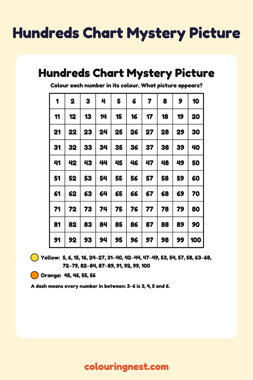 Star Hundreds Chart Mystery Picture: free printable hundreds chart colour-by-number puzzle from Colouring Nest