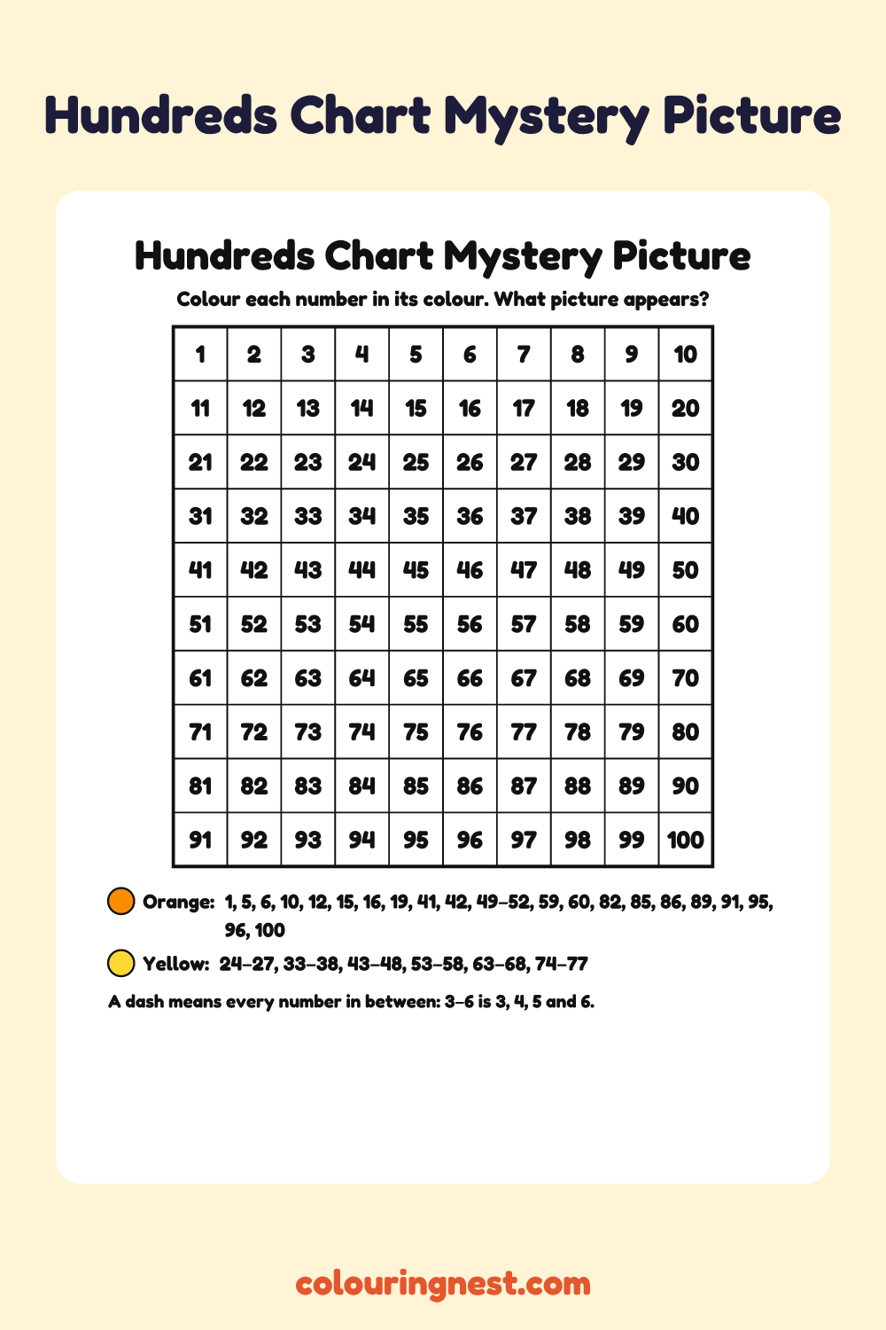 Sun Hundreds Chart Mystery Picture: free printable hundreds chart colour-by-number puzzle from Colouring Nest
