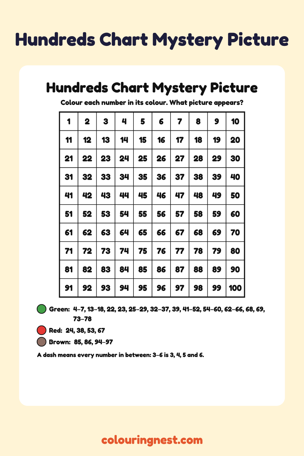 Tree Hundreds Chart Mystery Picture: free printable hundreds chart colour-by-number puzzle from Colouring Nest