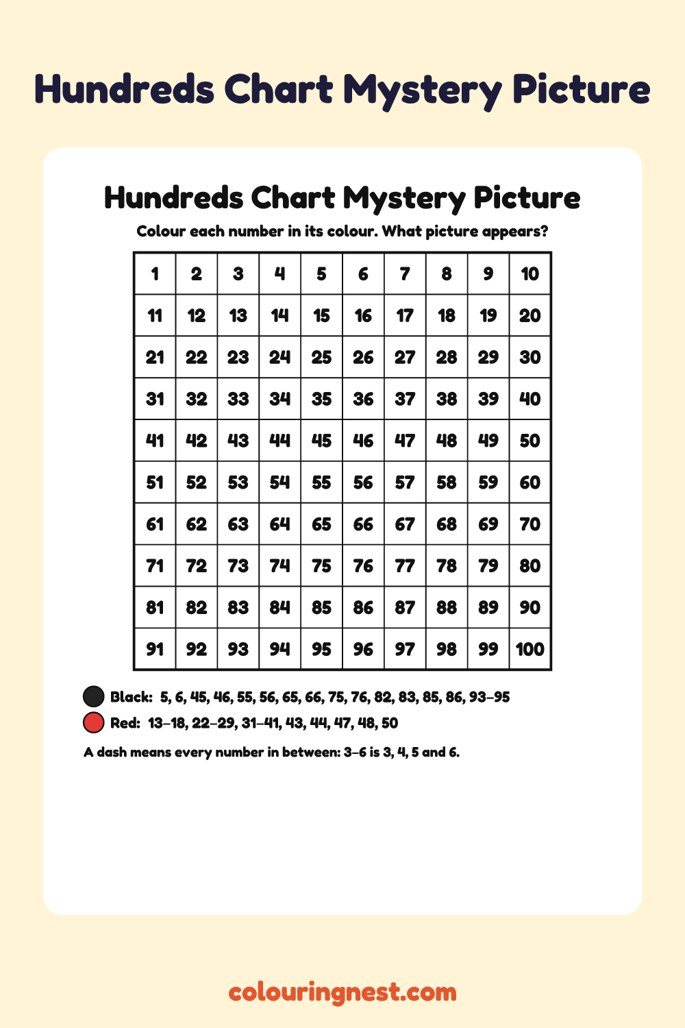 Umbrella Hundreds Chart Mystery Picture: free printable hundreds chart colour-by-number puzzle from Colouring Nest
