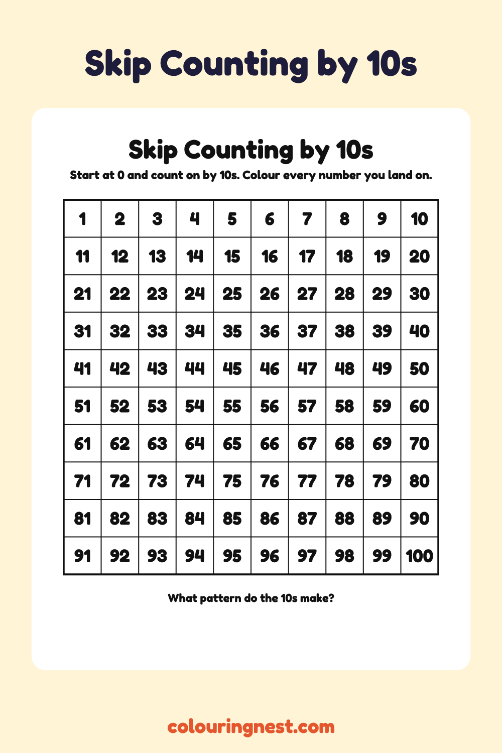 Skip Counting by 10s Hundreds Chart: free printable maths worksheet from Colouring Nest
