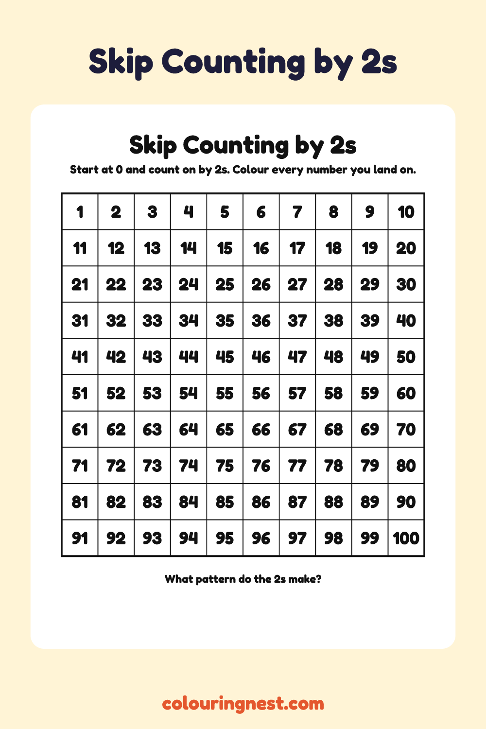 Skip Counting by 2s Hundreds Chart: free printable maths worksheet from Colouring Nest