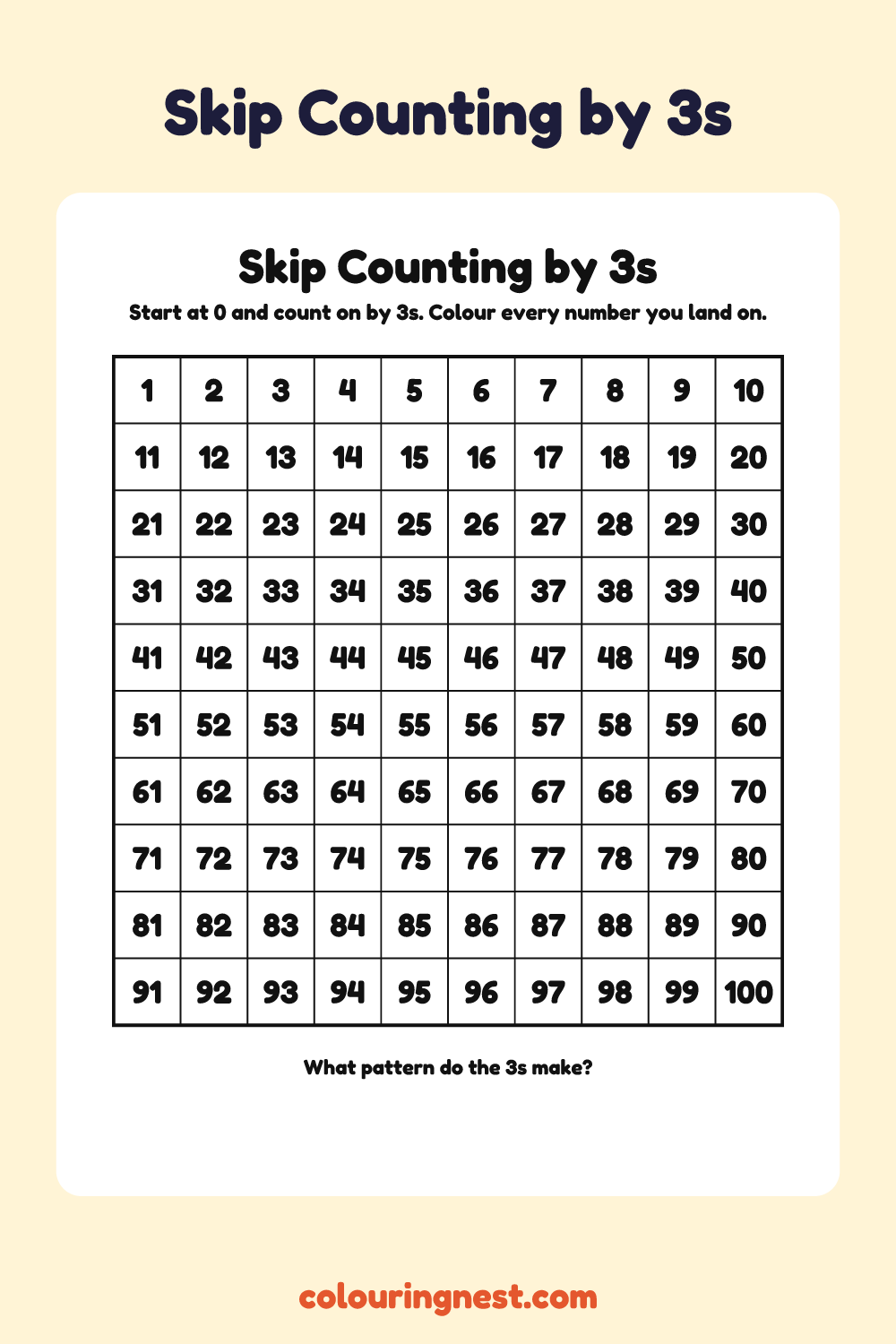 Skip Counting by 3s Hundreds Chart: free printable maths worksheet from Colouring Nest