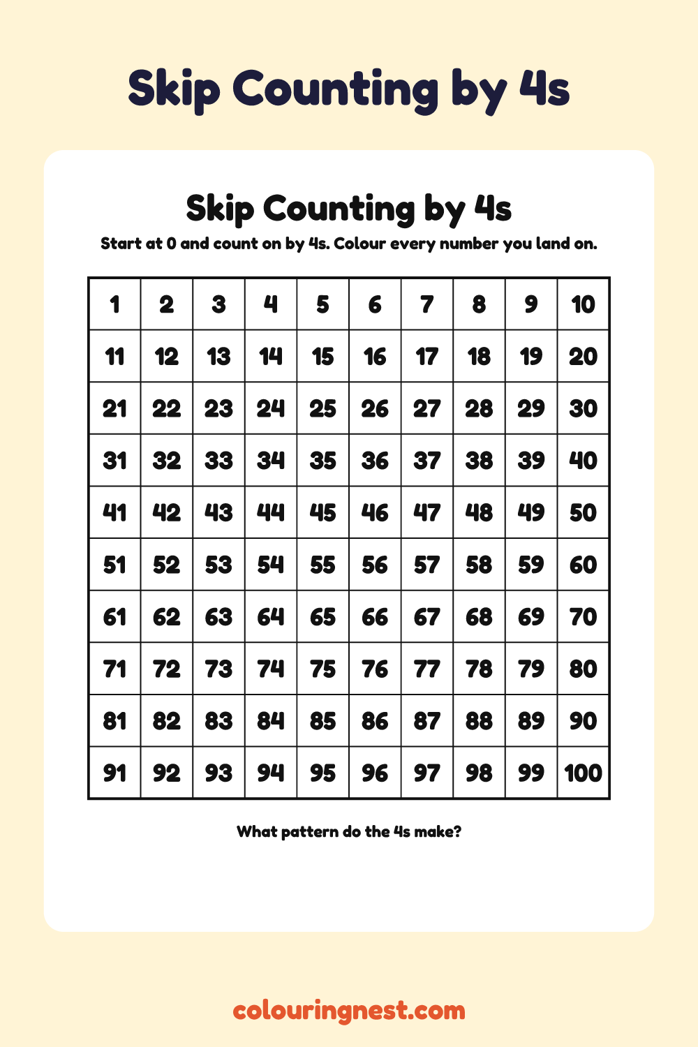 Skip Counting by 4s Hundreds Chart: free printable maths worksheet from Colouring Nest