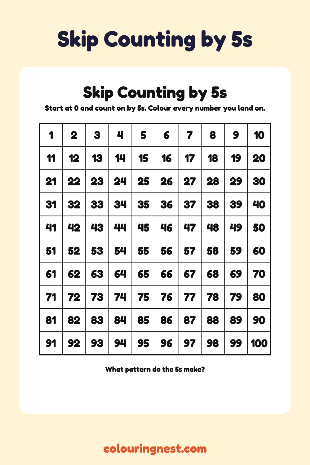 Skip Counting by 5s Hundreds Chart: free printable maths worksheet from Colouring Nest