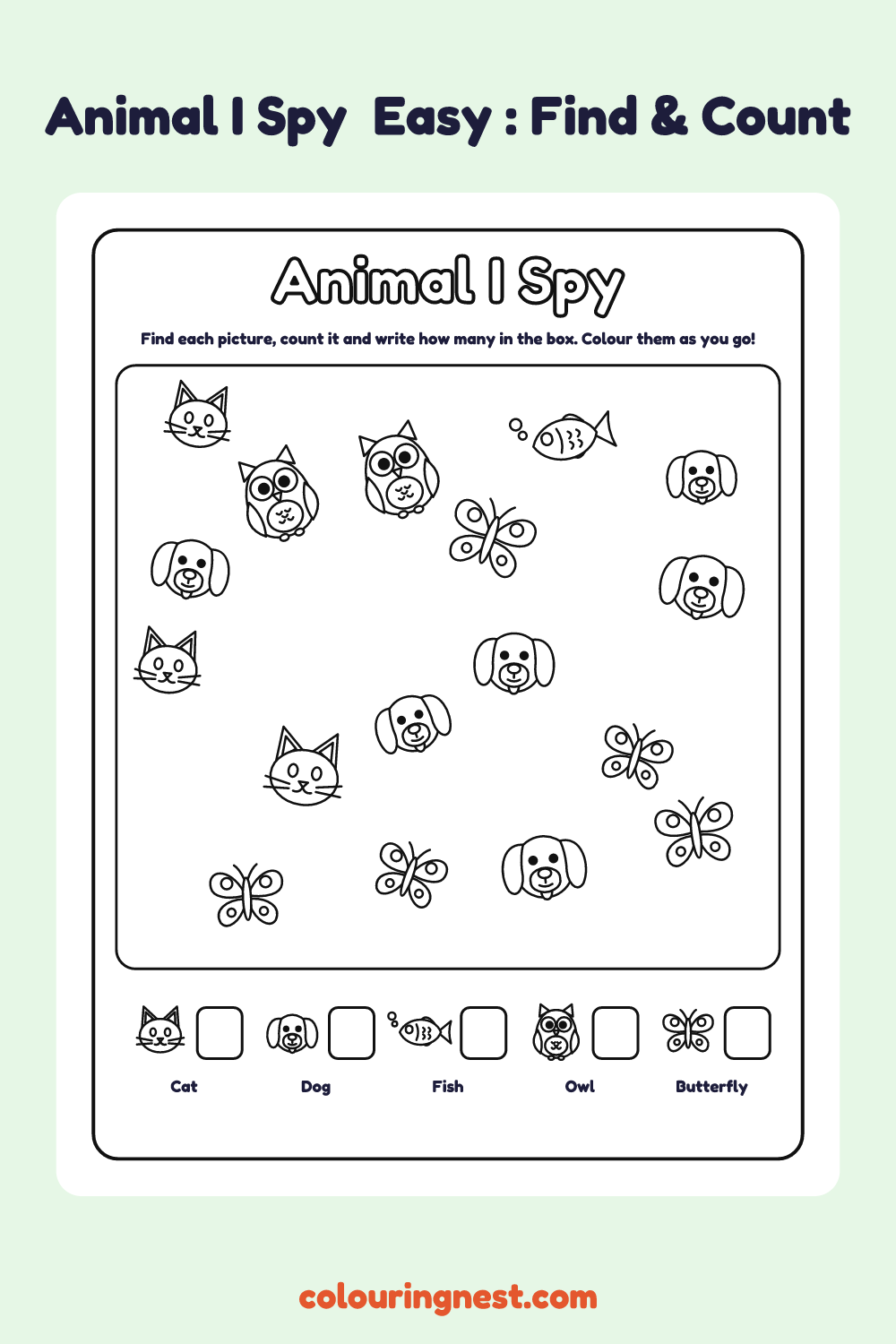 Animal I Spy (Easy): printable I spy sheet with 17 animal pictures to find and count