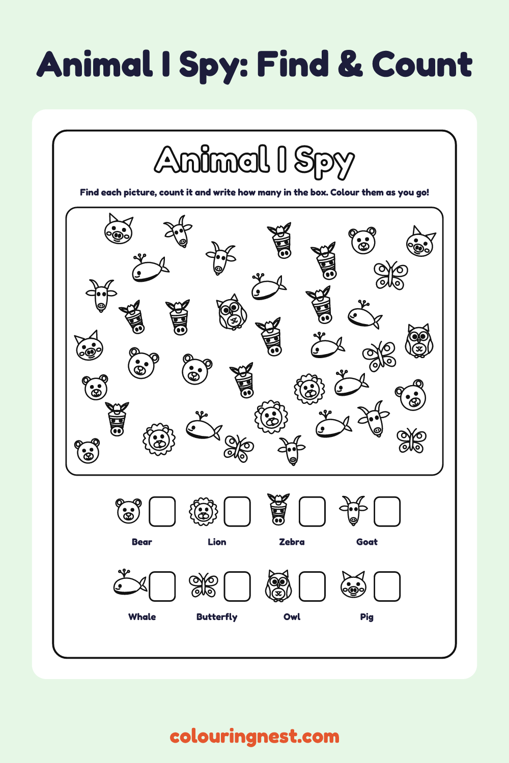 Animal I Spy: printable I spy sheet with 38 animal pictures to find and count