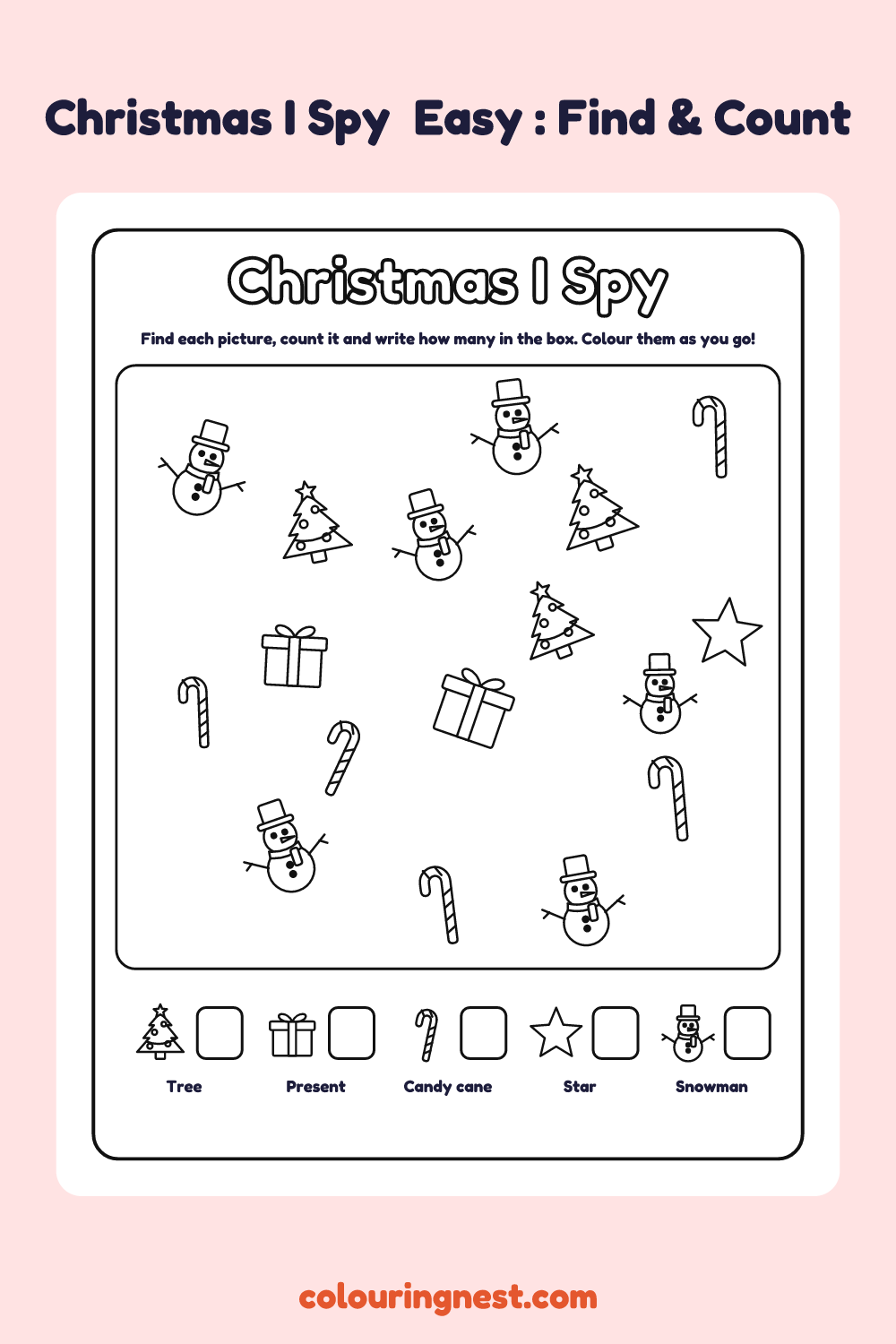 Christmas I Spy (Easy): printable I spy sheet with 17 christmas pictures to find and count