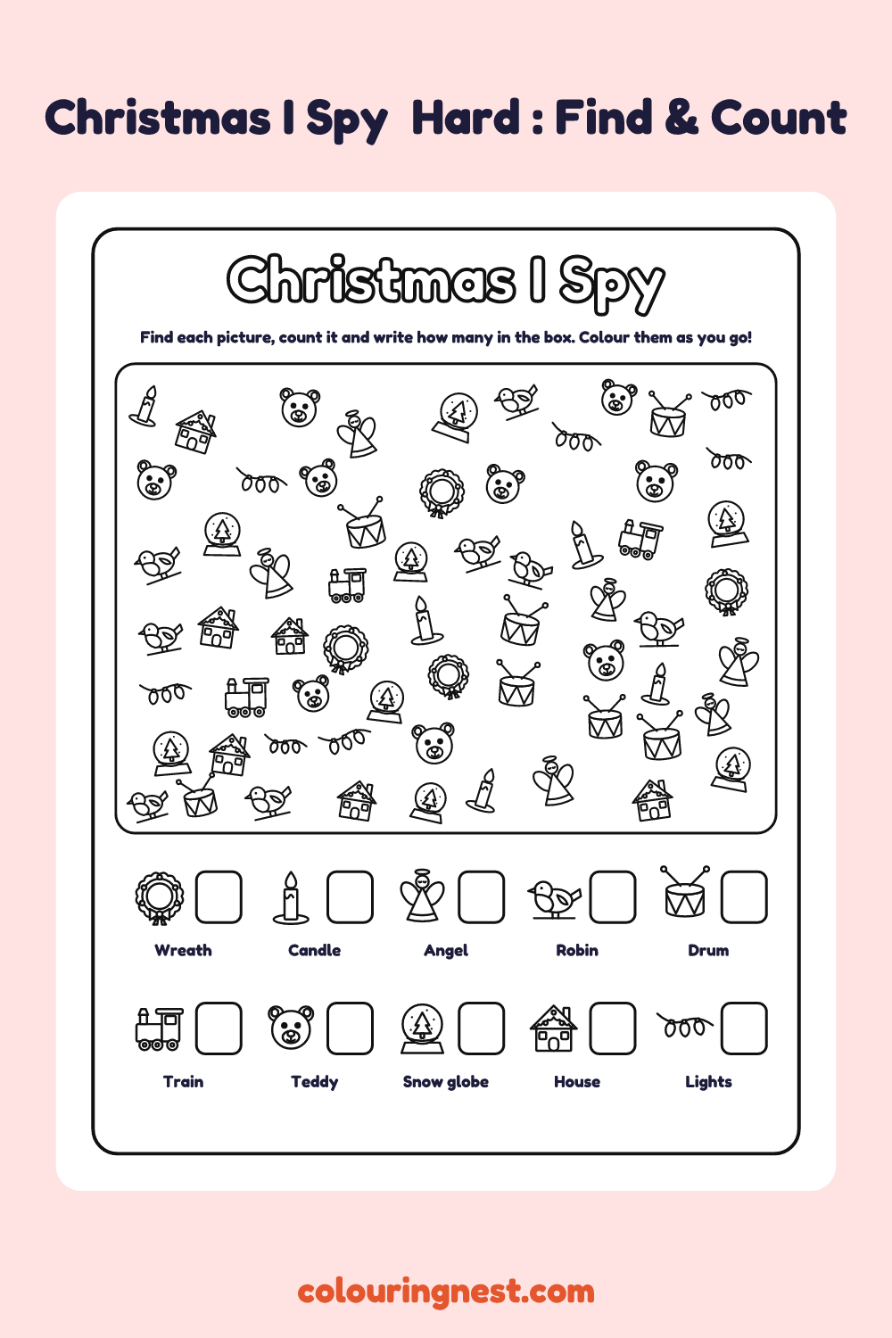 Christmas I Spy (Hard): printable I spy sheet with 63 christmas pictures to find and count