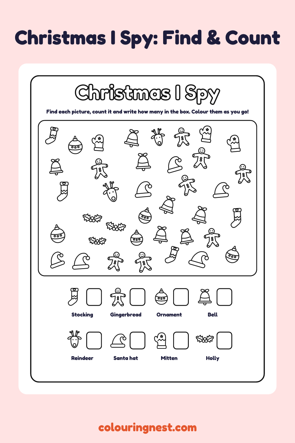 Christmas I Spy: printable I spy sheet with 38 christmas pictures to find and count