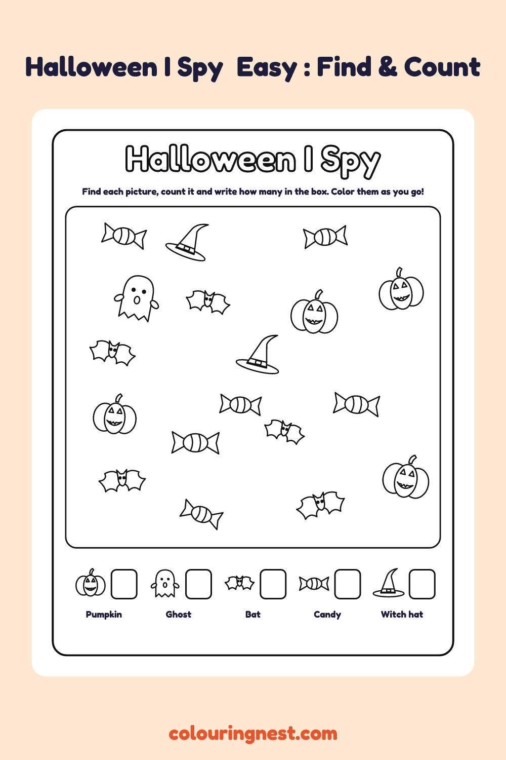 Halloween I Spy (Easy): printable I spy sheet with 18 halloween pictures to find and count