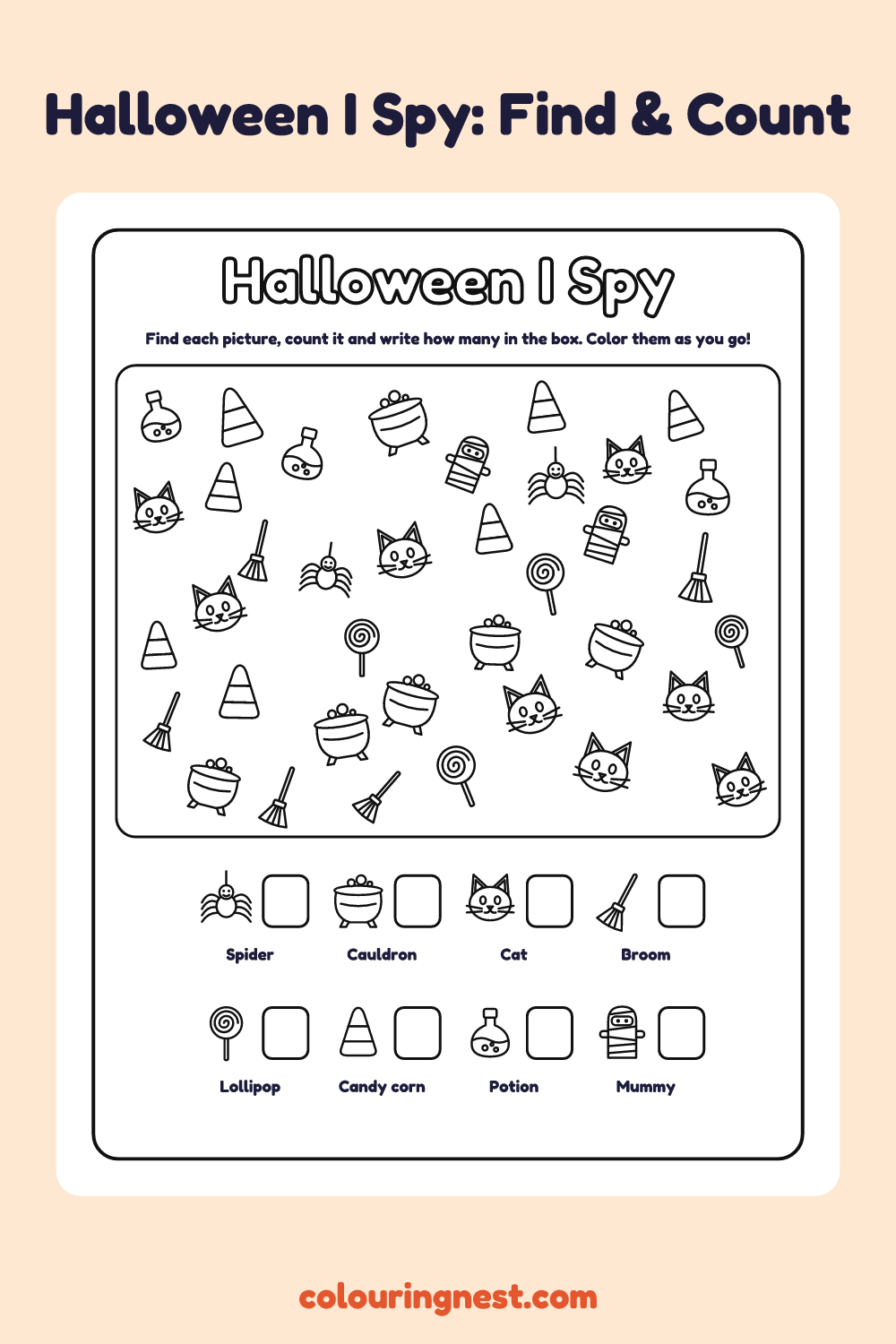 Halloween I Spy: printable I spy sheet with 37 halloween pictures to find and count