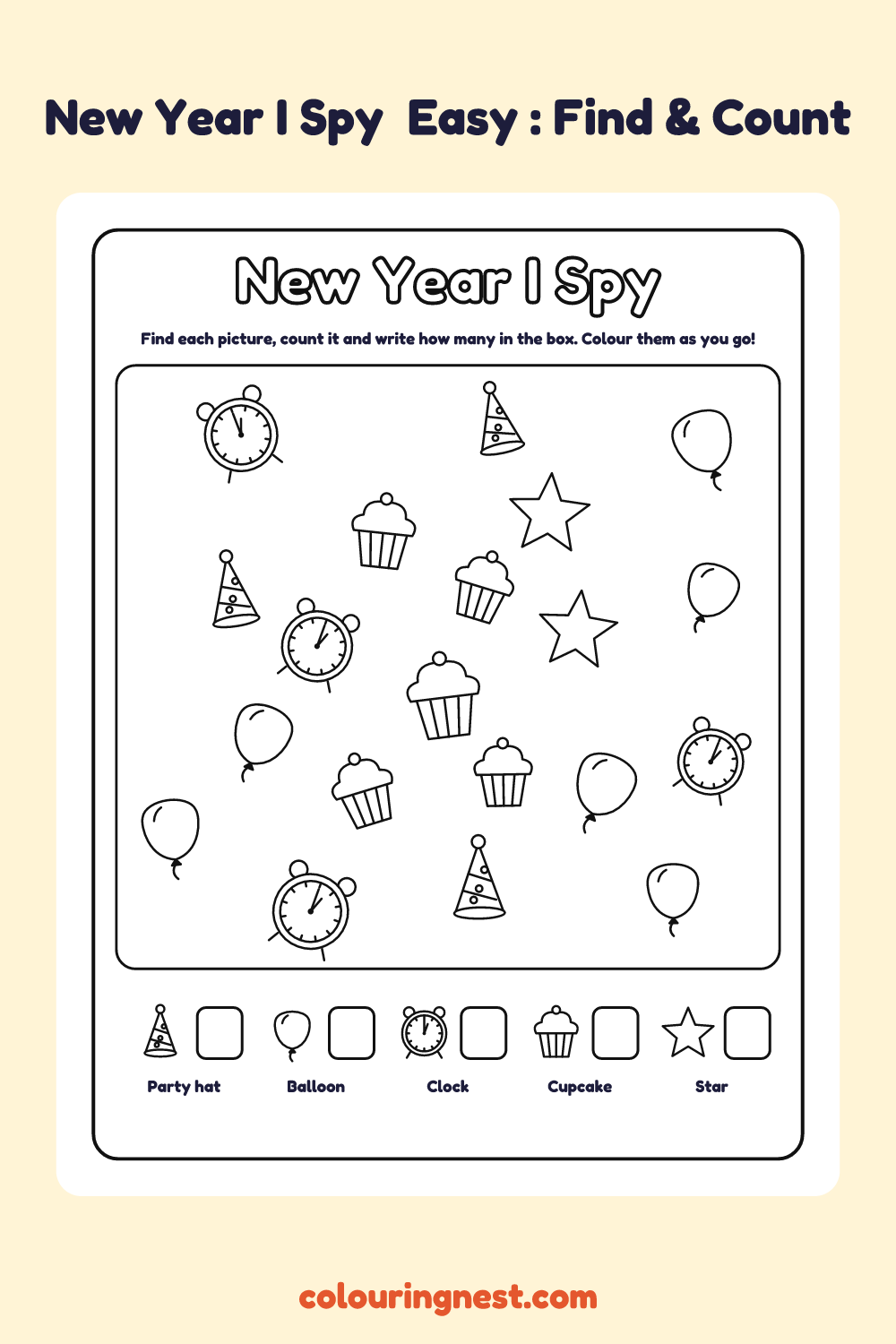 New Year I Spy (Easy): printable I spy sheet with 20 new year pictures to find and count