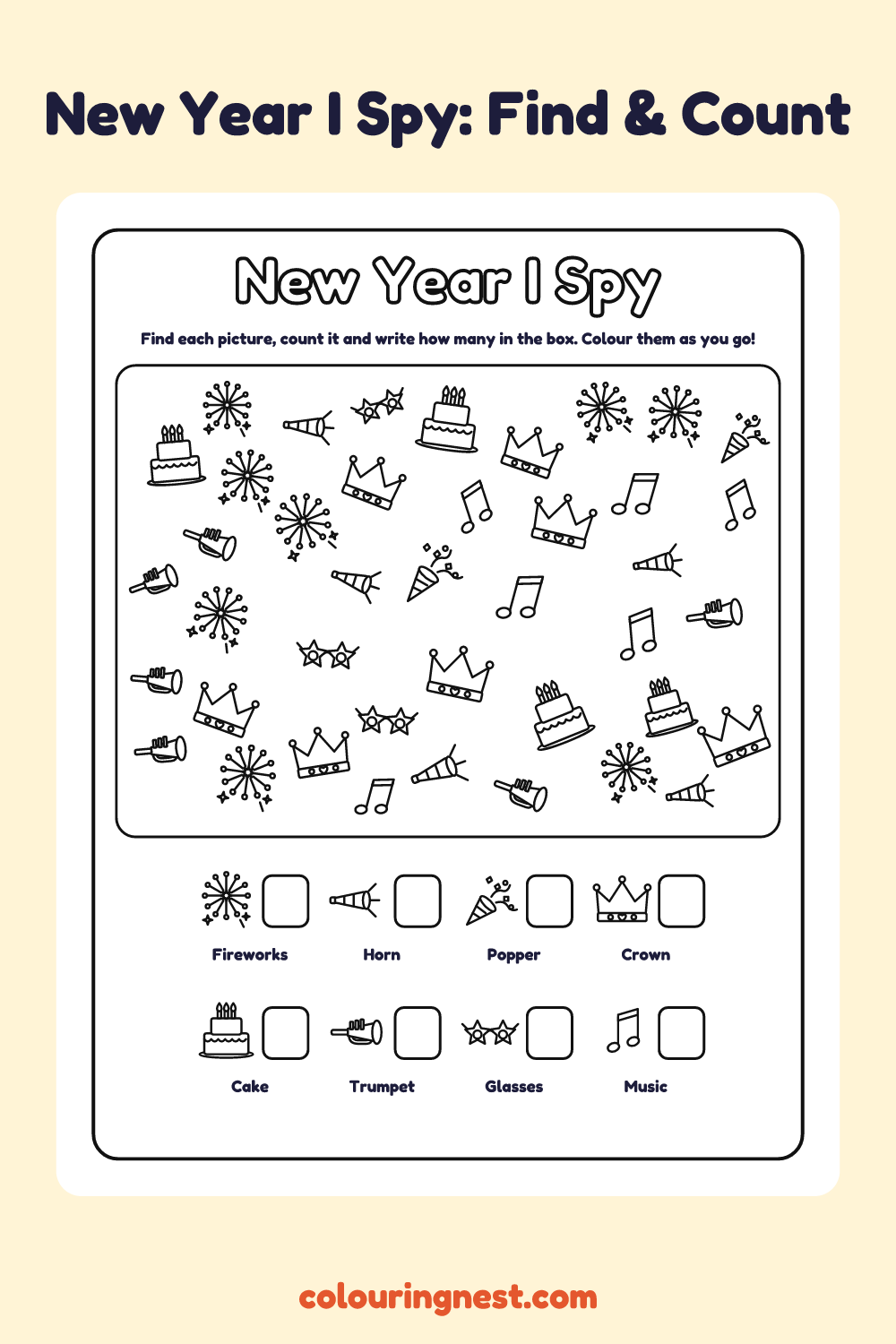 New Year I Spy: printable I spy sheet with 41 new year pictures to find and count