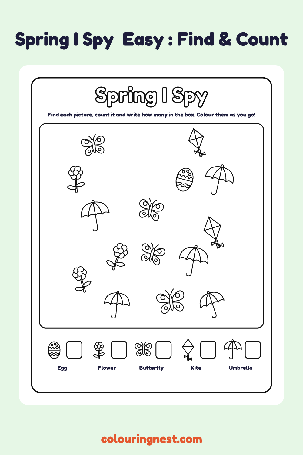 Spring I Spy (Easy): printable I spy sheet with 15 spring pictures to find and count