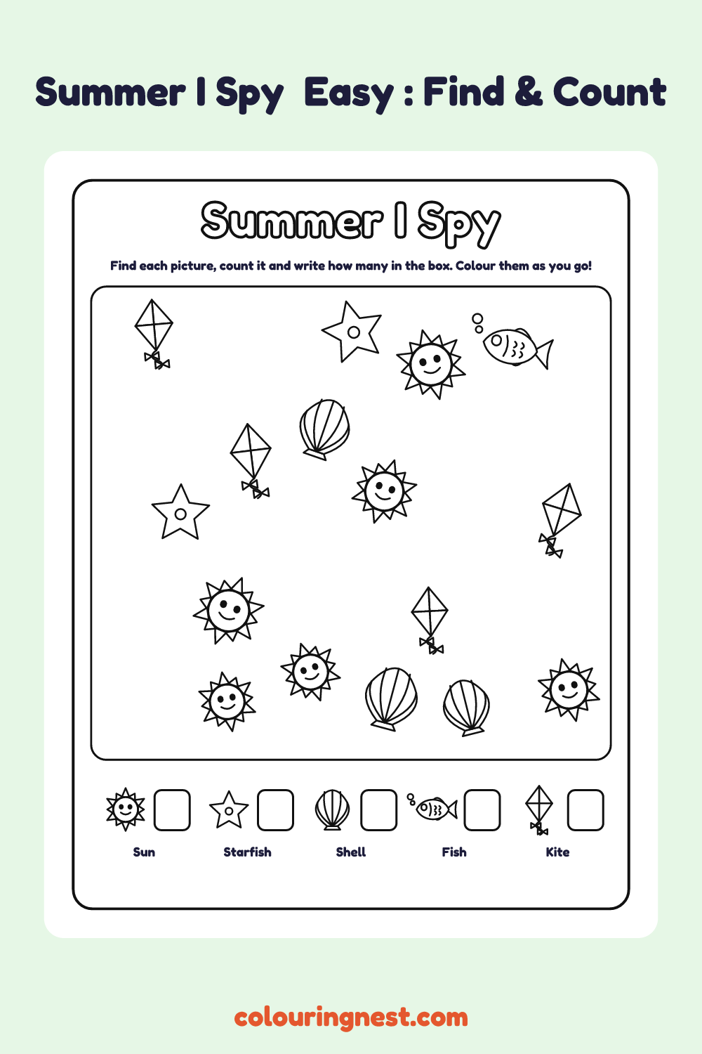 Summer I Spy (Easy): printable I spy sheet with 16 summer pictures to find and count
