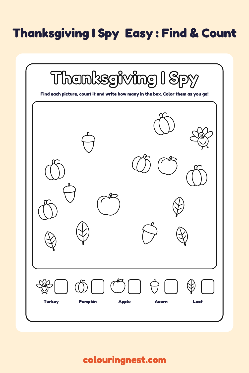 Thanksgiving I Spy (Easy): printable I spy sheet with 15 thanksgiving pictures to find and count