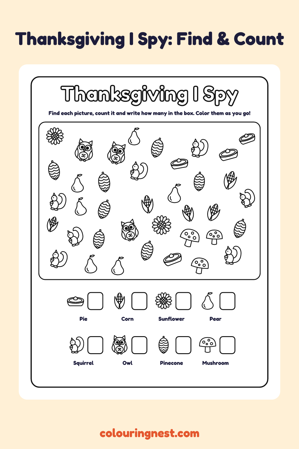 Thanksgiving I Spy: printable I spy sheet with 38 thanksgiving pictures to find and count