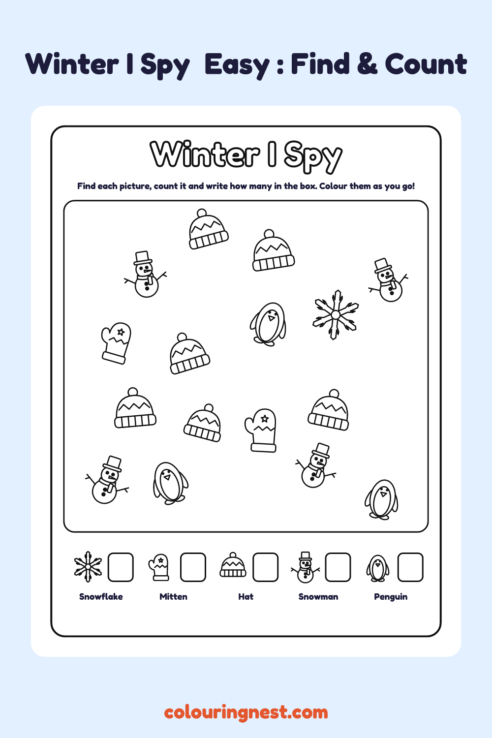 Winter I Spy (Easy): printable I spy sheet with 16 winter pictures to find and count