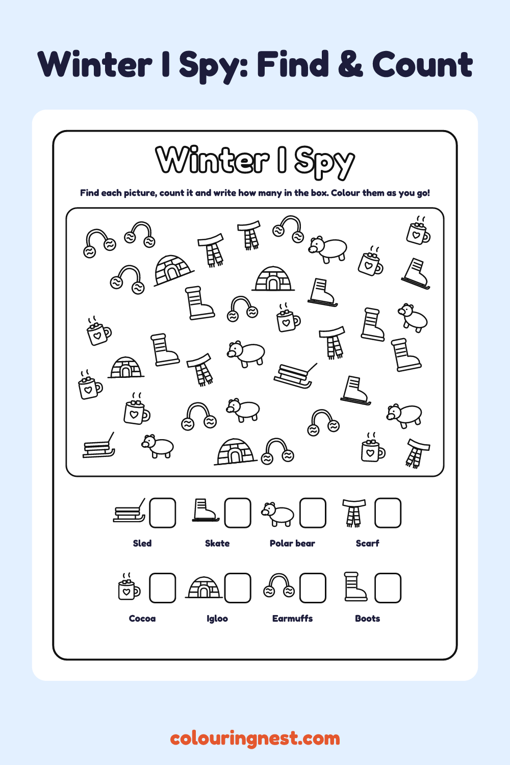 Winter I Spy: printable I spy sheet with 39 winter pictures to find and count