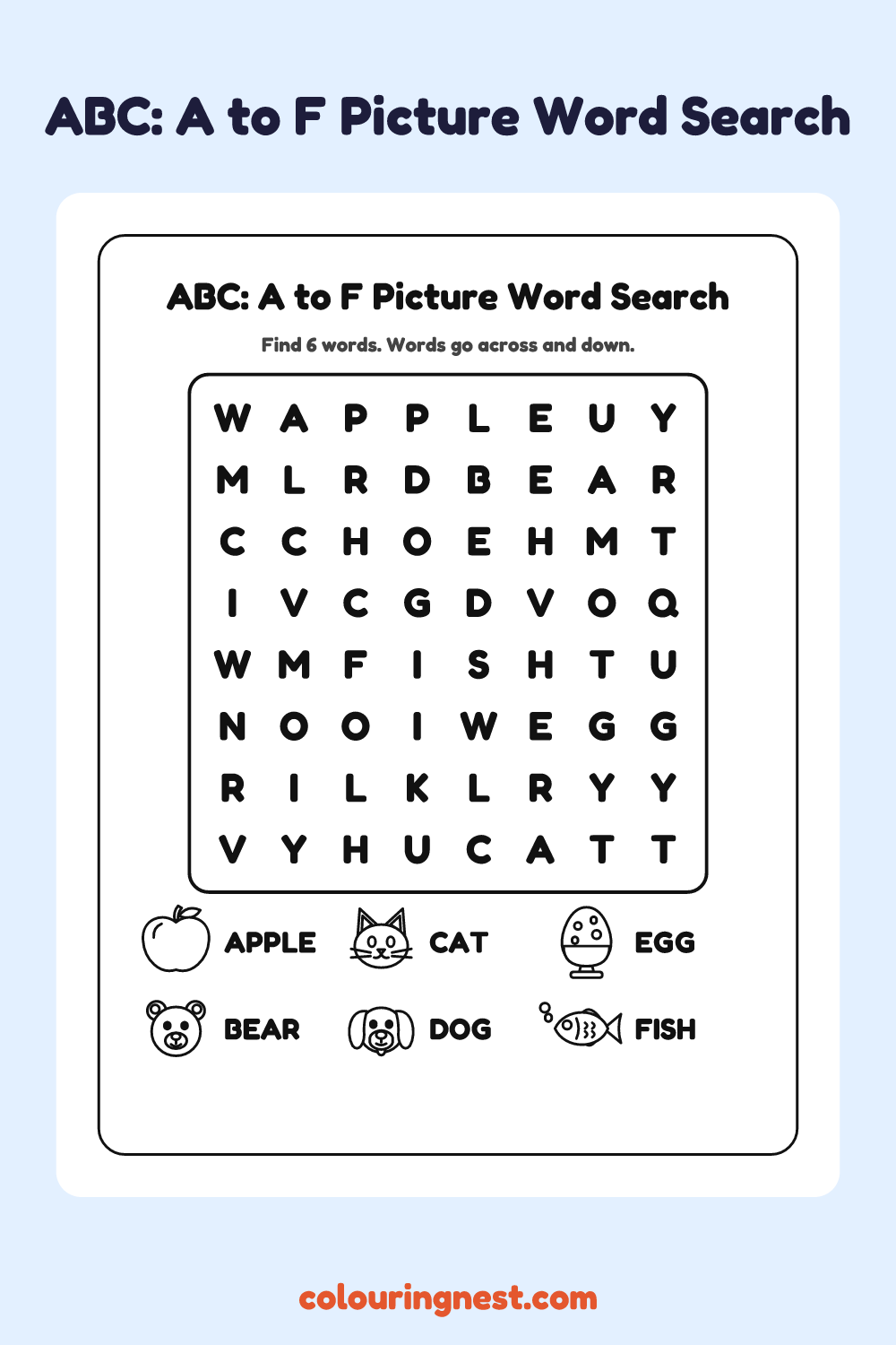 ABC: A to F Picture Word Search: free printable black-and-white line art