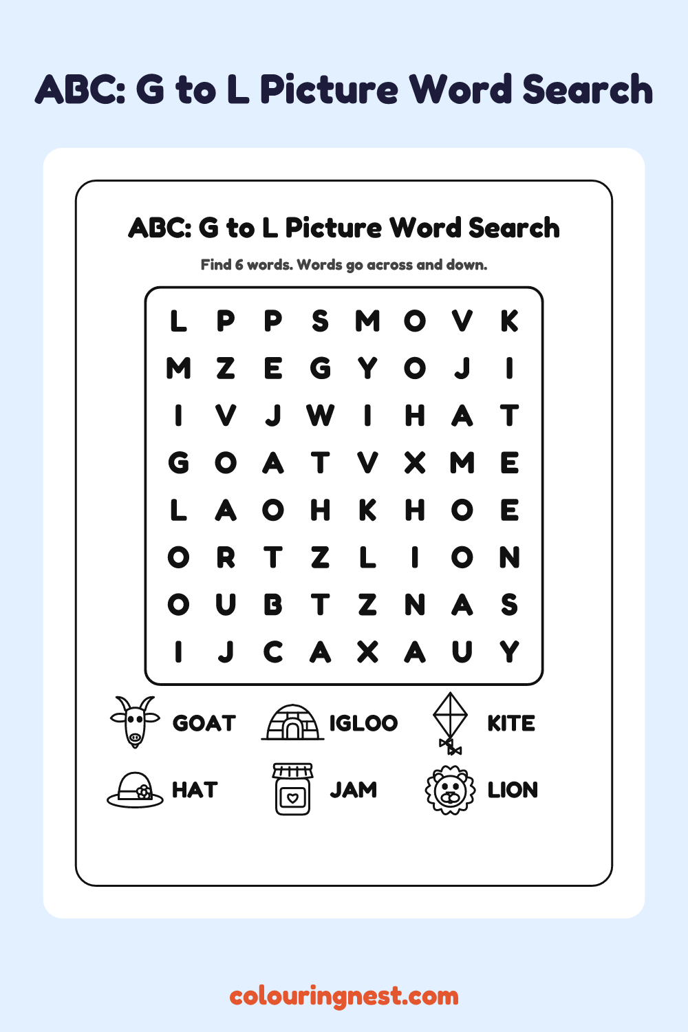 ABC: G to L Picture Word Search: free printable black-and-white line art