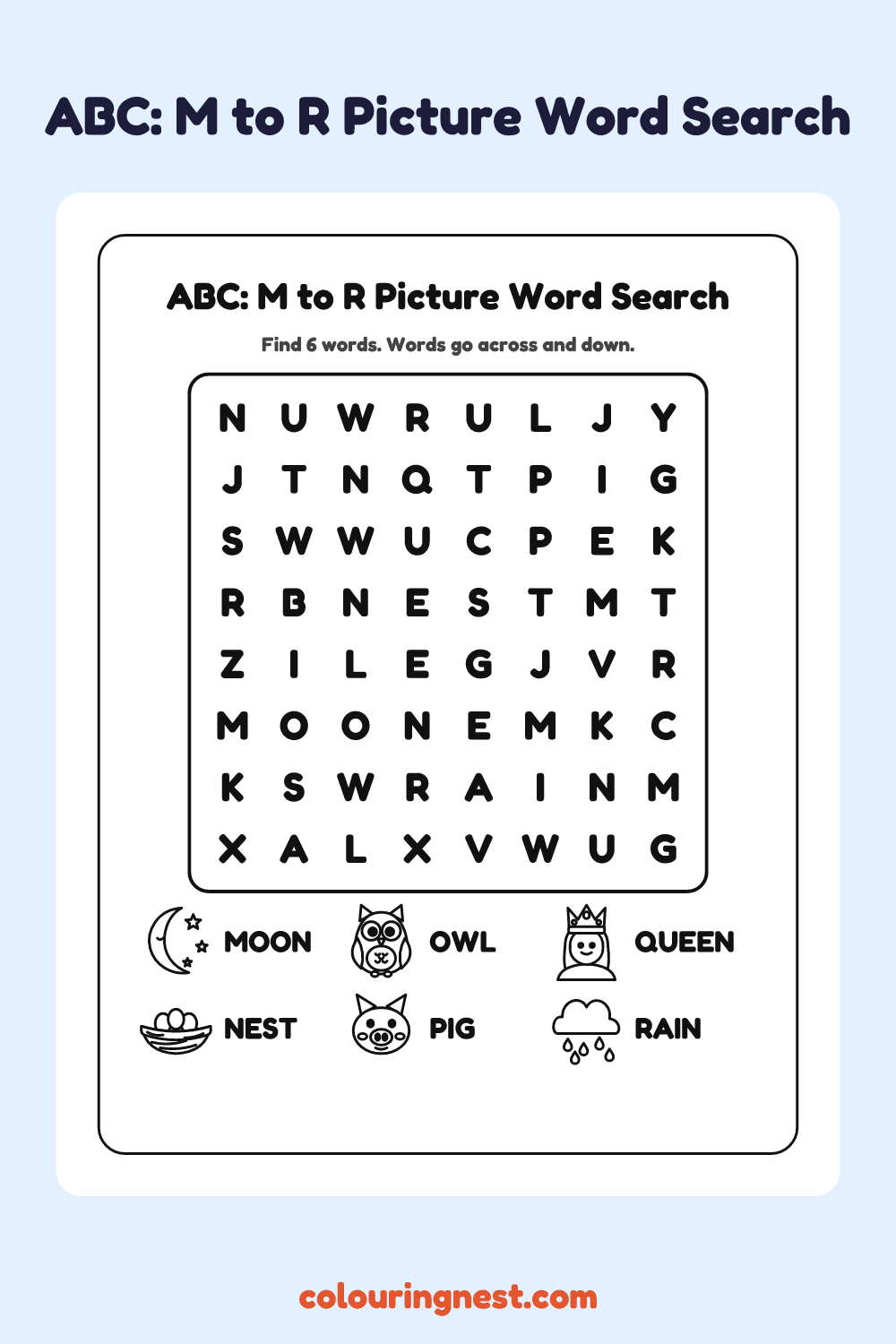 ABC: M to R Picture Word Search: free printable black-and-white line art