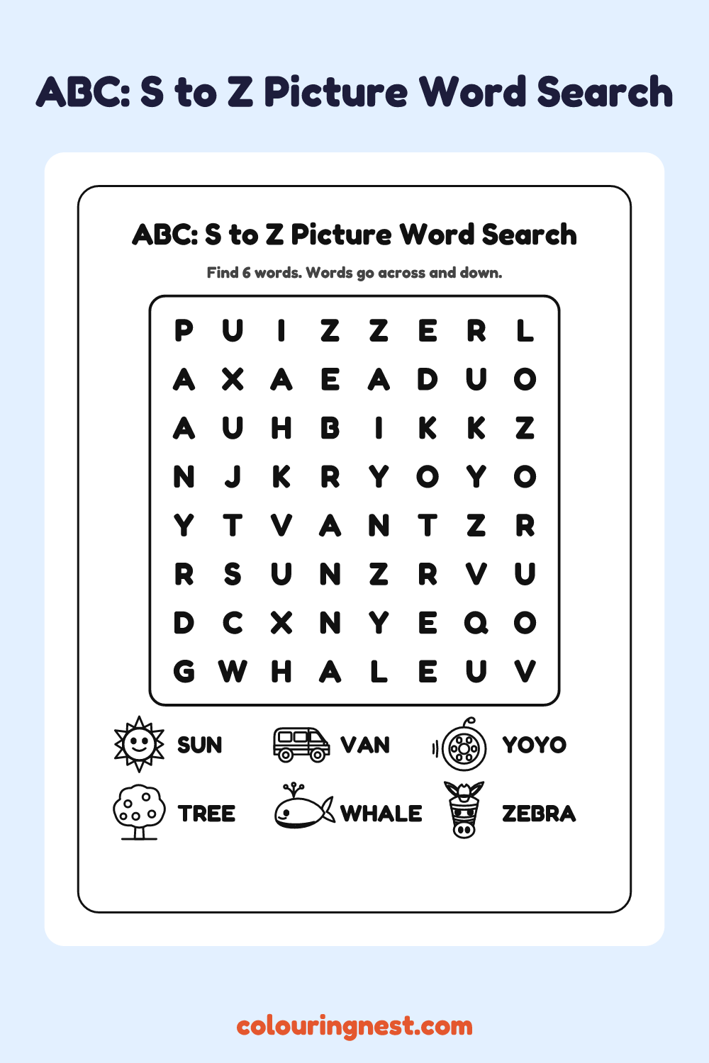 ABC: S to Z Picture Word Search: free printable black-and-white line art